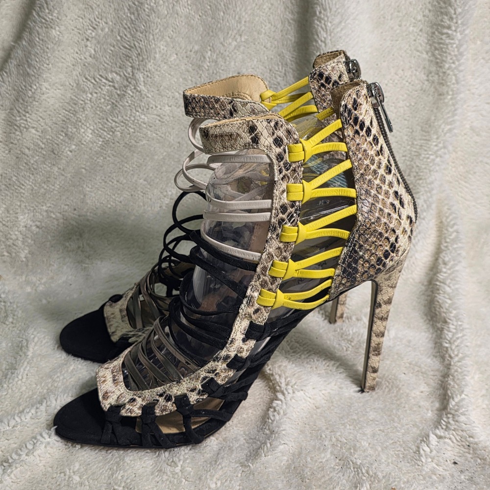 Steve Madden Gladiator Sandals Snake Black Yellow Stiletto Heels Womens 9M